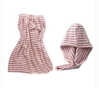 Hair Drying Turban and Bath Towel Wrap Skirt Microfiber Soft Towel Set Pink Grey Stripes