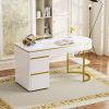 60''Modern Executive Desk,White Curved Computer Desk with Gold Metal Legs,3-Drawers Home Office Desk,Writing Desk with 1 Storage Cabinet for Home Offi