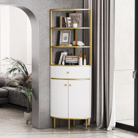 74.8" Tall Modern Corner Bookshelf,Fan-Shaped bookcase with 1 Drawer and 2 Doors ,Wooden Standing Corner Shelf with Gold Metal Frame for Living Room,H