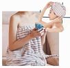 Hair Drying Turban and Bath Towel Wrap Skirt Microfiber Soft Towel Set Pink Grey Stripes