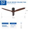 52In.Farmhouse Flush Mount  Low Profile Ceiling Fan with Solid Wood Blades and Remote Control