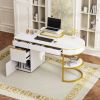 60''Modern Executive Desk,White Curved Computer Desk with Gold Metal Legs,3-Drawers Home Office Desk,Writing Desk with 1 Storage Cabinet for Home Offi