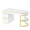 60''Modern Executive Desk,White Curved Computer Desk with Gold Metal Legs,3-Drawers Home Office Desk,Writing Desk with 1 Storage Cabinet for Home Offi