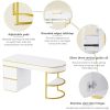 60''Modern Executive Desk,White Curved Computer Desk with Gold Metal Legs,3-Drawers Home Office Desk,Writing Desk with 1 Storage Cabinet for Home Offi