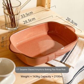 Baked Rice Tray Ceramic Baking Bowl With Two Ears Household Microwave Plate (Option: Pink-11inches)