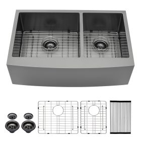 36 Inch Gunmetal Black Farmhouse Sink 16 Gauge Kitchen Sink Apron Front Double Bowl 50/50 Stainless Steel Sink (Design: 60/40, size: 33)